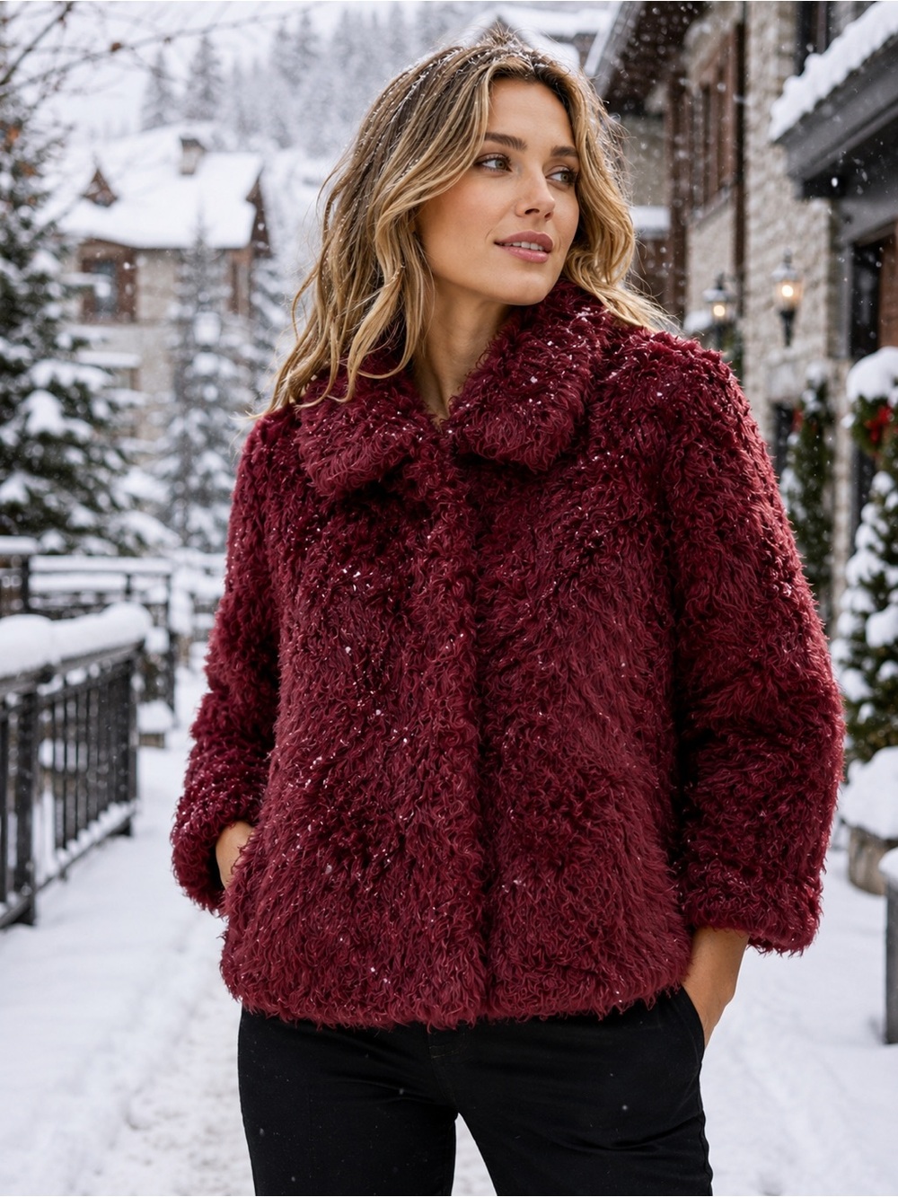 Overland Deep Red Curly Lamb Fur Jacket | SMALL